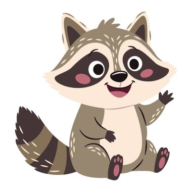Şirin bir rakun oturur ve patisini sallar. Basit bir çocuk tarzında düz vektör çizimi. Vektör illüstrasyonu