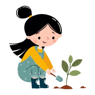 Şirin bir kız toprağa bitki ekiyor. Basit bir çocuk tarzında düz vektör çizimi. Vektör illüstrasyonu