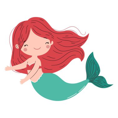 Şirin bir denizkızı. Basit bir çocuk tarzında düz vektör çizimi. Vektör illüstrasyonu