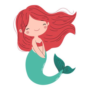 Şirin bir denizkızı. Basit bir çocuk tarzında düz vektör çizimi. Vektör illüstrasyonu