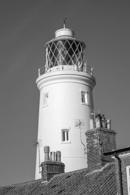 Southwold, Suffolk, İngiltere 'deki Deniz fenerinin siyah beyaz görüntüsü