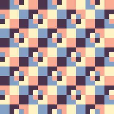 Krema, mavi, şeftali ve kestane rengi karelerden oluşan desen