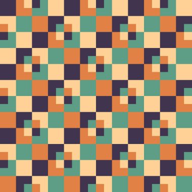 Pattern created from cream, gold; teal green and maroon squares