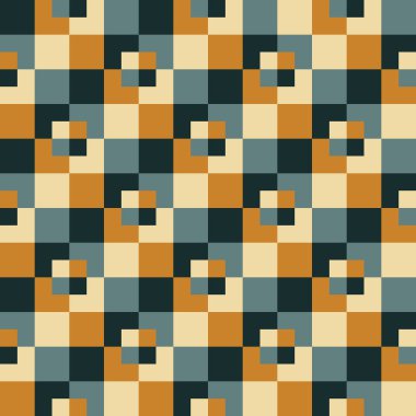 Pattern created from cream, gold; dark green and grey squares