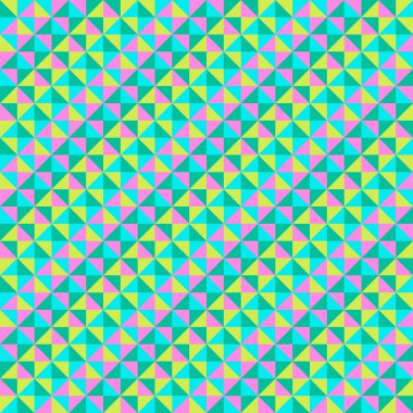 Mosaic pattern created from neon turquoise blue, lilac-pink, mint and lime green triangles