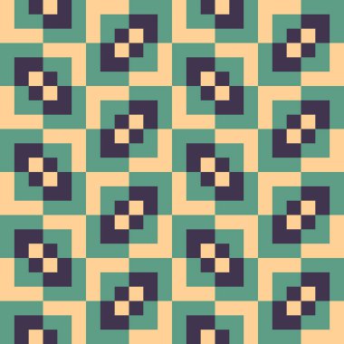 Üst üste binen, farklı boyutlarda, krem rengi, deniz mavisi yeşili ve koyu mor karelerden oluşan retrodesen.