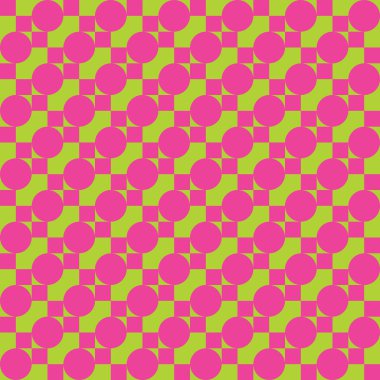 Parlak pembe karelerden ve sarı-yeşil arka planda daireler oluşturulmuş.