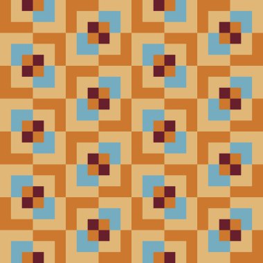 Üst üste binen, farklı boyutlarda, altın, krem, mavi ve koyu kestane rengi karelerden oluşan retrodesen