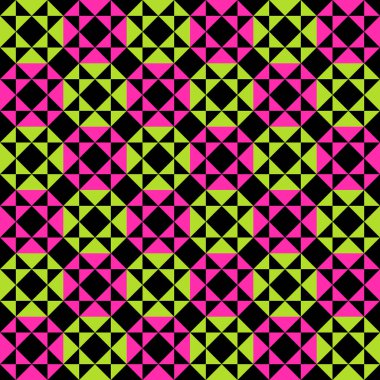 Siyah, parlak neon, pembe ve sarı-yeşil ve siyah elmaslar ve üçgenlerden oluşan desen. 