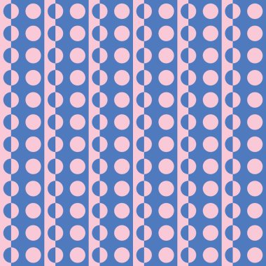 Mavi ve soluk pembe yarım daireler ve soluk pembe daireler, soluk pembe ve mavi çizgiler üzerinde desen
