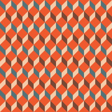 Krema, mavi ve kahverengi elmasların turuncu arka planda oluşturduğu desen