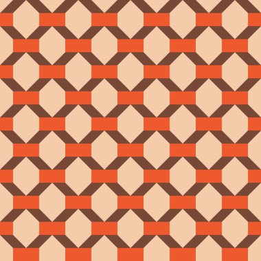 Koyu kahverengi elmaslardan ve turuncu dikdörtgenlerden bej arkaplana doğru çapraz dokuma deseni oluşturuldu 