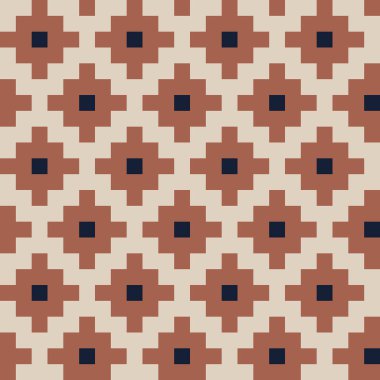 Adımlı elmas deseni koyu lacivert ve kahverengi arkaplanda bej rengi karelerden yaratılmış.