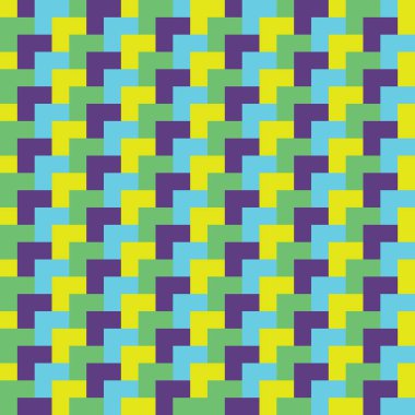 Diagonal lines of overlapping neon blue, green, yellow and purple squares
