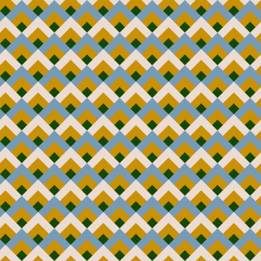 Üst üste binen mavi, beyaz, altın ve orman yeşili elmaslardan oluşan desen