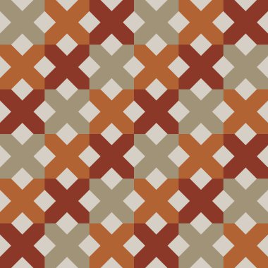 Soluk gri arka planda haki, turuncu ve kahverengi haçlardan oluşturulan kusursuz dokuma deseni