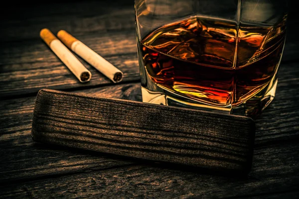 Glass Brandy Cigarettes Empty Wooden Plank — Stock Photo, Image