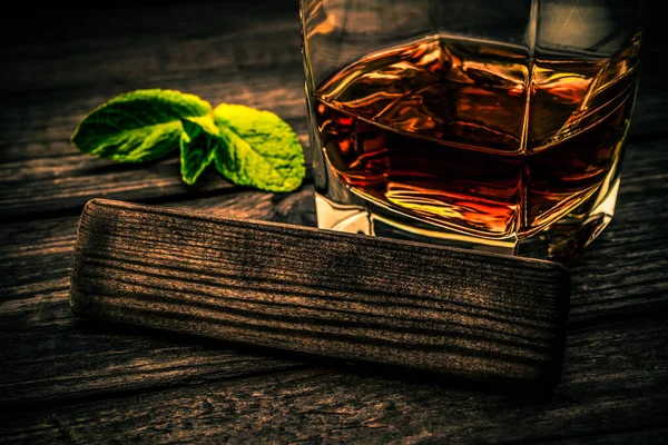 Glass Brandy Mint Sprig Empty Wooden Plank — Stock Photo, Image