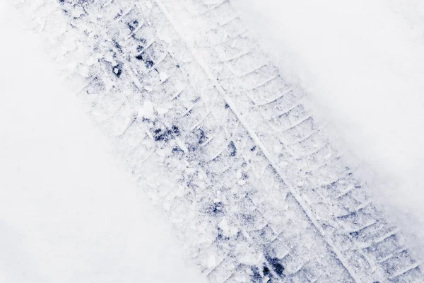 Trace Pneus Voiture Dans Neige Fraîche Vue Rapprochée Haut — Photo