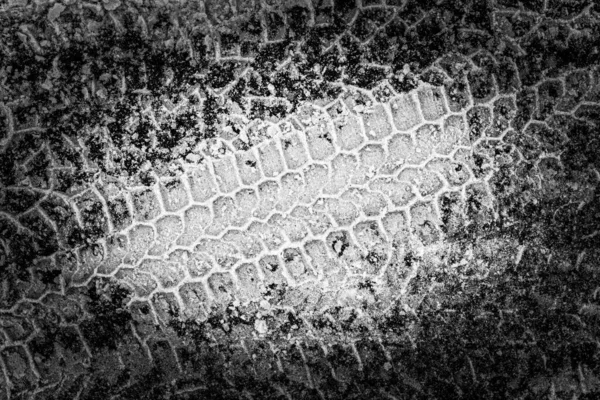 アスファルト上の雪の中で車のタイヤの図の痕跡 — ストック写真