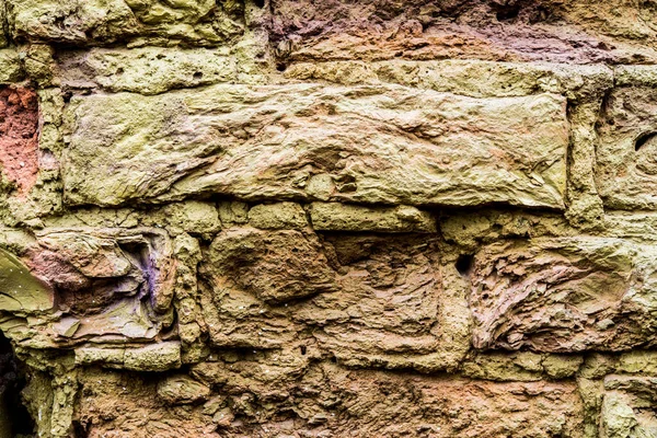 Grüne Und Alte Backsteinmauer Nahsicht — Stockfoto