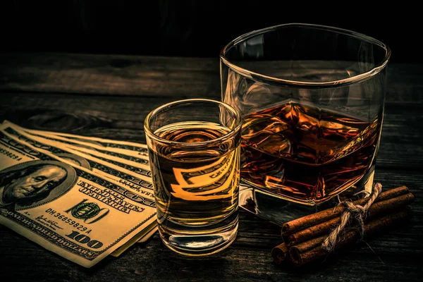 Glass Brandy Tequila Money Cinnamon Sticks Tied Old Wooden Table — Stock Photo, Image