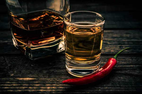 Copo Conhaque Tequila Com Pimenta Caiena Uma Mesa Madeira Velha — Fotografia de Stock