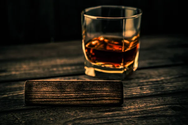 Glass Brandy Empty Wooden Plank Old Wooden Table — Stock Photo, Image