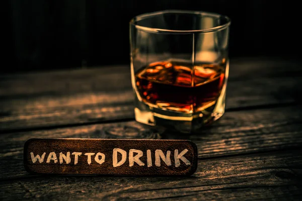 Glass Brandy Want Drink Lettering Wooden Board — Zdjęcie stockowe