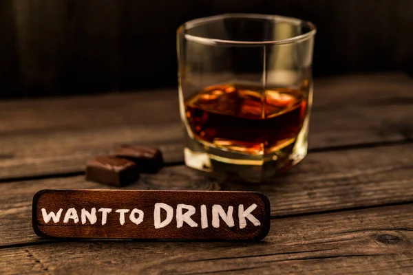 Glass Brandy Want Drink Lettering Wooden Board — Zdjęcie stockowe