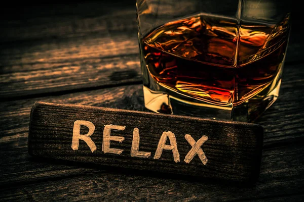 Glass Brandy Relax Lettering Wooden Board — Stok fotoğraf