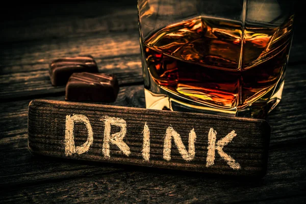 Glass Brandy Drink Lettering Wooden Board — Stok fotoğraf