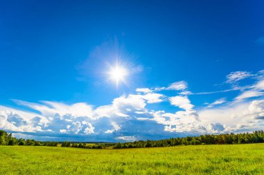 view of green field under blue cloudy sky