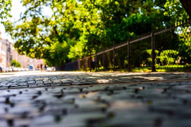 Şehirde bir yaz, boş bir sokak. Görüntüyü kapat