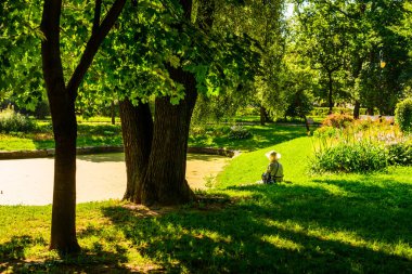 Woman sitting by pond in park in bright sunlight