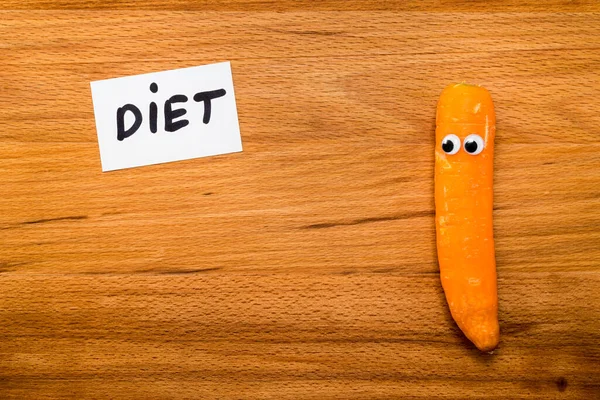 Мистер Морковь Открытка Словом Diet Деревянном Столе — стоковое фото