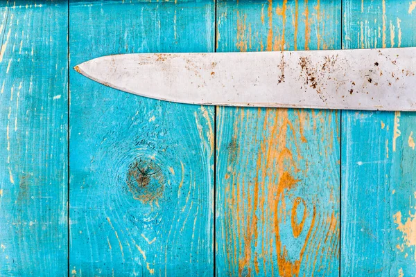 Rusty Old Knife Old Wooden Table Covered Blue Paint — Stock Photo, Image