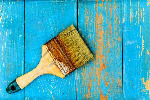 Old Paint Brush Old Wooden Table Covered Blue Paint Stock Image