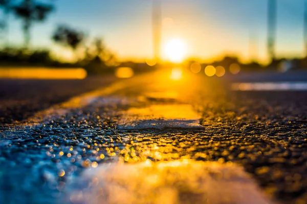 雨の後の日没 道路上の接近車のヘッドライト — ストック写真