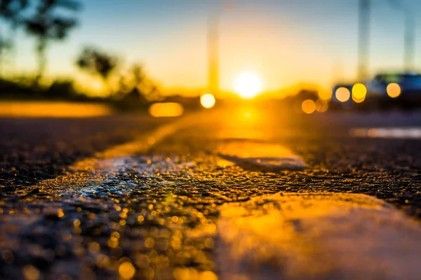 Coucher Soleil Après Pluie Les Phares Voiture Qui Approche Sur — Photo