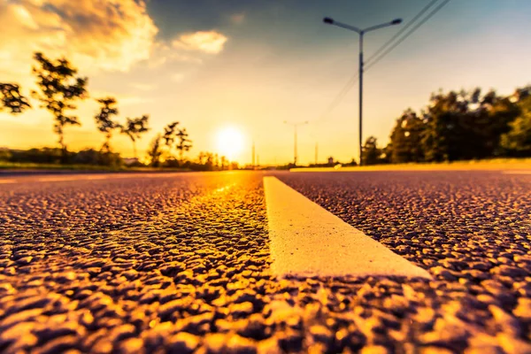 Zonsondergang Het Platteland Lege Snelweg Breedhoekweergave — Stockfoto