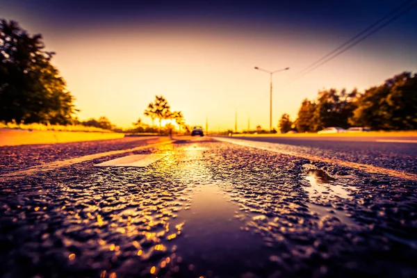 Puesta Sol Después Lluvia Reflejo Del Sol Superficie Húmeda Del —  Fotos de Stock