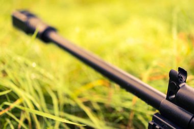 Güz çimlerinde sabah çiğ taneleriyle kaplanmış bir tüfeği nişan almak.