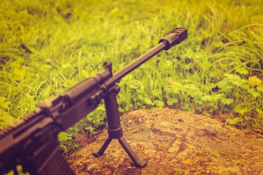 Tüfek yağmurdan sonra çimlerde bir kayanın üzerinde bipod üzerinde duruyordu..