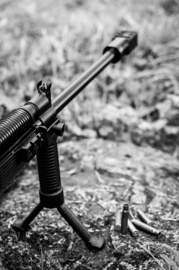 Tüfek, kayanın üzerinde boş kabukları olan bir bipod üzerinde duruyor. 