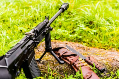 Tüfek bir bipod üzerinde duruyor, açık deri bandoyla.