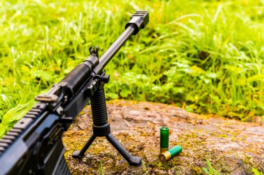 Pompalı tüfekle bir kayanın üzerinde 12 kalibrelik kurşunla.