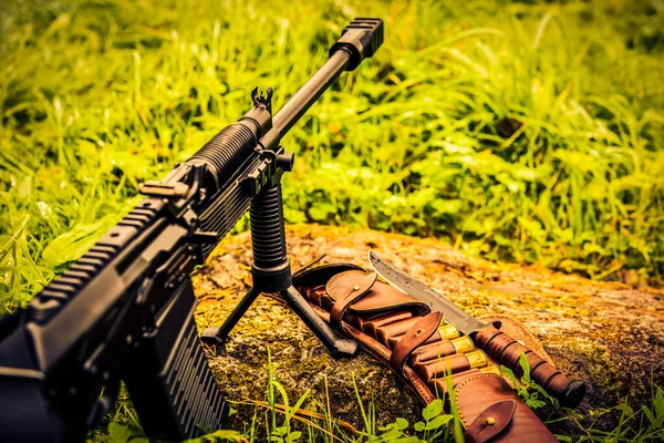 Tüfek Bir Bipod Üzerinde Duruyor Açık Deri Bandoyla — Stok fotoğraf