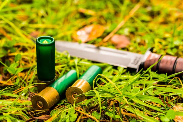 12毫米子弹和战斗刀落在草地上的落叶 — 图库照片