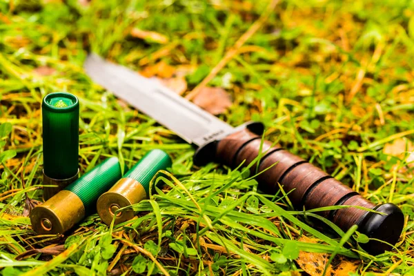 Kugeln Und Ein Kampfmesser Gras Mit Abgefallenen Blättern — Stockfoto